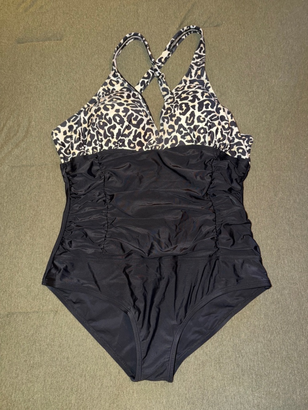 Black One-Piece Swimsuit with Leopard Print Top XXL